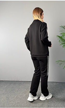 JANES Kadın Fermuar Ve Ekose Detay Sweatshirt Ve Pantolon üç Iplik Kumaş Ikili Takım