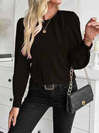 JANES Kadın Uzun Kollu Bisiklet Yaka Pileli Ithal Krep Bluz