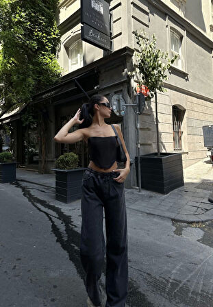 JANES  Arkadan Yırtmaçlı Jeans Kot Palazzo Pantolon - Siyah