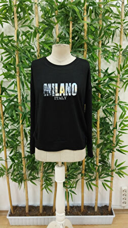 JANES Kadın Uzun Kollu Bisiklet Yaka Desenli Viskon Iki Iplik Bluz