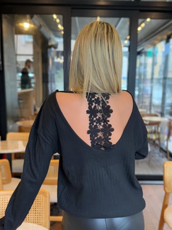 JANES Kadın Uzun Kollu V Yakalı Pencere Sırt Dantel Detaylı Kalın Fitilli Kaşkorse Bluz