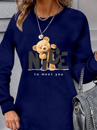 JANES Kadın Uzun Kollu Bisiklet Yaka Ayı Desenli Viskon Iki Iplik Elbise