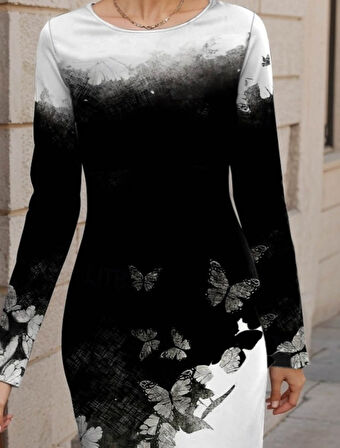 JANES Kadın Uzun Kollu Bisiklet Yaka çiçek Desenli Kısa şardonlu Dalgıç Elbise