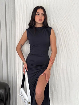 JANES Kolsuz Yırtmaçlı Uzun Maxı Boy Elbise - Lacivert