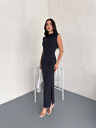 JANES Kolsuz Yırtmaçlı Uzun Maxı Boy Elbise - Lacivert