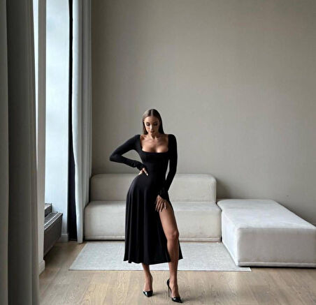 JANES Kadın Kare Yaka Derin Göğüs Ve Bacak Dekolteli Midi Boy Elbise