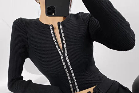 JANES Kadın Kaşkorse Kumaş Zincirli Çift Fermuarlı Fırsat Ürün Bluz