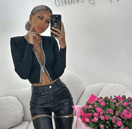 JANES Kadın Kaşkorse Kumaş Zincirli Çift Fermuarlı Fırsat Ürün Bluz