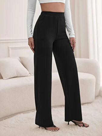 JANES Kadın Yüksek Bel Cepli Geniş Kesim Ithal Krep Pantolon