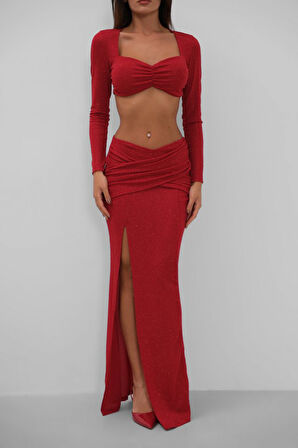 JANES Yırtmaçlı Etek Ve Crop Bluz Takım