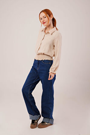 JANES Bel Ve Bilek Lastikli Bej Bluz