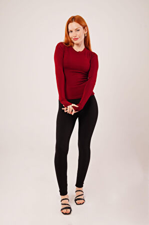 JANES Uzun Kollu Basic Bordo Bluz
