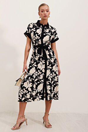 JANES 2455 Desenli Gömlek Elbise - Siyah