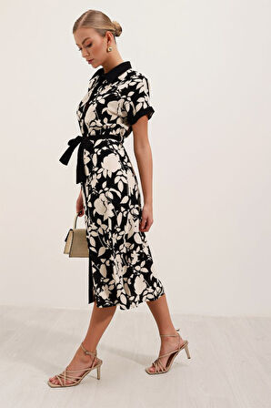 JANES 2455 Desenli Gömlek Elbise - Siyah