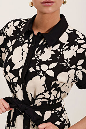 JANES 2455 Desenli Gömlek Elbise - Siyah