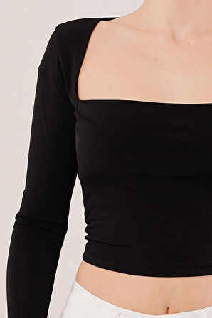 JANES Kare Yaka Basic Siyah Bluz