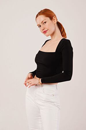 JANES Kare Yaka Basic Siyah Bluz