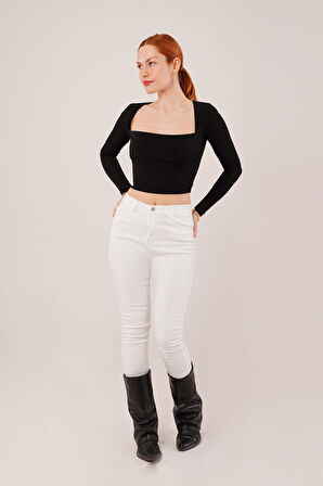 JANES Kare Yaka Basic Siyah Bluz