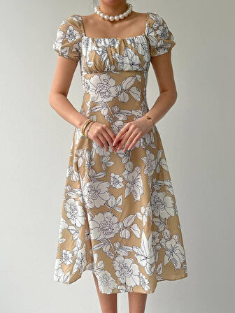 JANES Kare Yaka Çiçekli Elbise