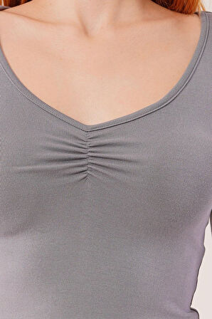 JANES Geniş Yaka Gri Basic Body Bluz