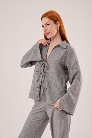 JANES Ön Bağlama Detaylı Pantolon Ve Gömlek Antrasit İkili Takım