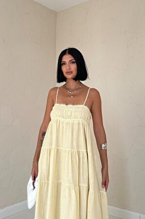 JANES Sarı Askılı Parçalı Çizgili Müslin Elbise