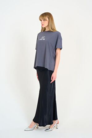 JANES Düz Uzun Saten Etek - Siyah