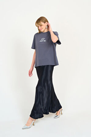 JANES Düz Uzun Saten Etek - Siyah