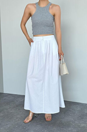 JANES İnce Pileli Düz Etek - Beyaz