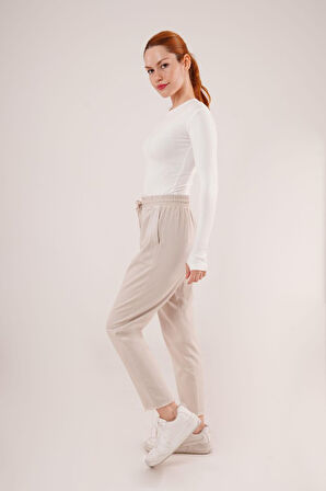 JANES Bağlama Detaylı Cepli Krem Pantolon