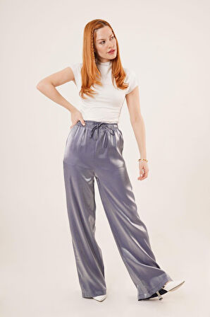 JANES Parlak Görünümlü Cepli Mor Bol Paça Pantolon