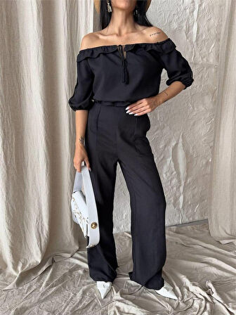 JANES KETEN MADONNA YAKA KOL HASIR ŞERİT - PANTOLON TAKIM - Siyah