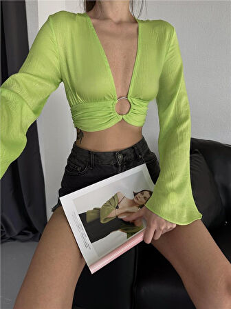 JANES SATEN CROP TOKA DETAYLI BLUZ - Yeşil
