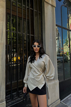 JANES SÜET KRUVAZE BLUZ BAĞLAMA DETAYLI - Taş