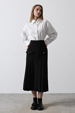 JANES Pileli Kontrast Gömlek Elbise - Beyaz