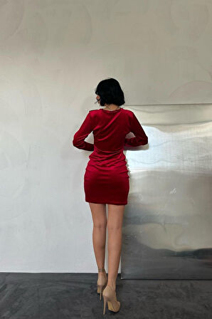 JANES Kırmızı Yaka Ve Kol Dantelli Mini Elbise