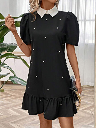 JANES Kadın Kısa Kollu Yakalı Inci Detaylı Kısa Ithal Krep Elbise