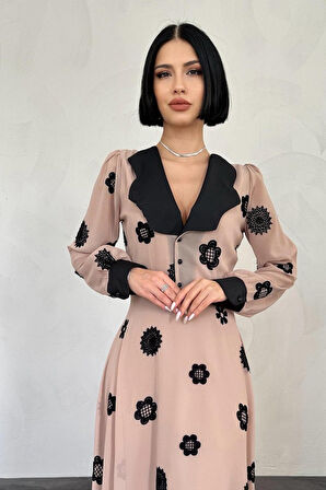 JANES Vizon Yaka Nakışlı Elbise