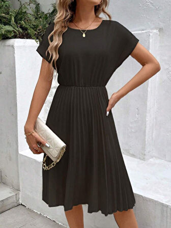 JANES Kadın Kısa Kollu Yakası Açık Belden Lastikli Pileli Kısa Ithal Krep Elbise