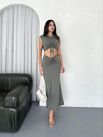 JANES Osy Modal Yumuşak Dokulu Kumaş Büzgülü Crop Etek Takım - Mint Yeşili