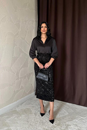 JANES Siyah Pulpayetli Parlak Etek