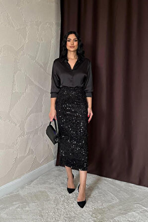 JANES Siyah Pulpayetli Parlak Etek