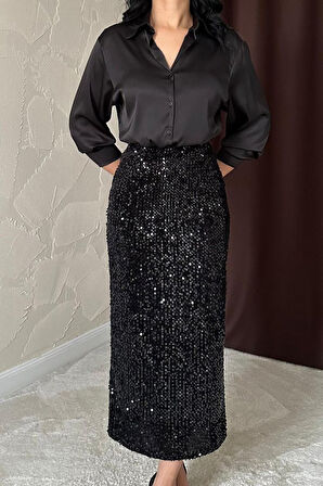 JANES Siyah Pulpayetli Parlak Etek