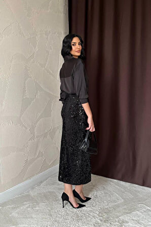 JANES Siyah Pulpayetli Parlak Etek