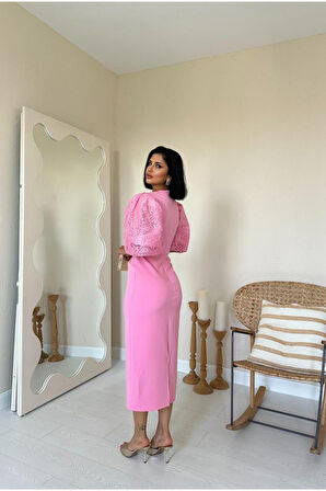 JANES Pembe İncili Tül Detay Elbise