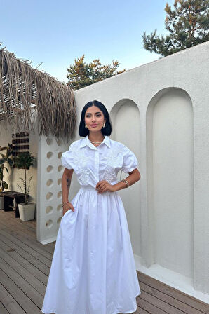 JANES Beyaz Nakışlı İşlemeli Elbise