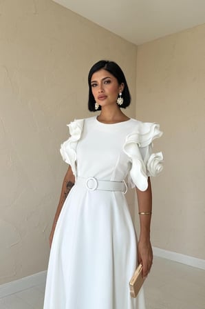 JANES Beyaz Kolları Volanlı Kemerli Elbise
