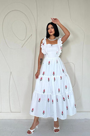 JANES Kırmızı Sıfır Kol Fırfırlı Elbise