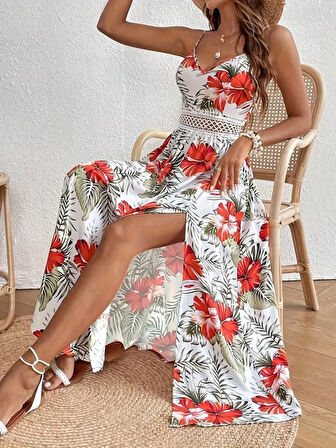 JANES Kadın Ip Askılı V Yakalı Bel Güpür çiçek Desenli Yandan Yırtmaçlı Maksi Süprem Elbise