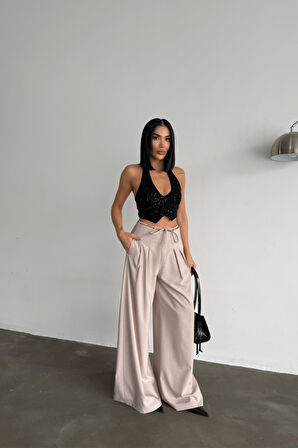 JANES TASARIM SALAŞ  PANTOLON BEL İP DETAYLI - Bej